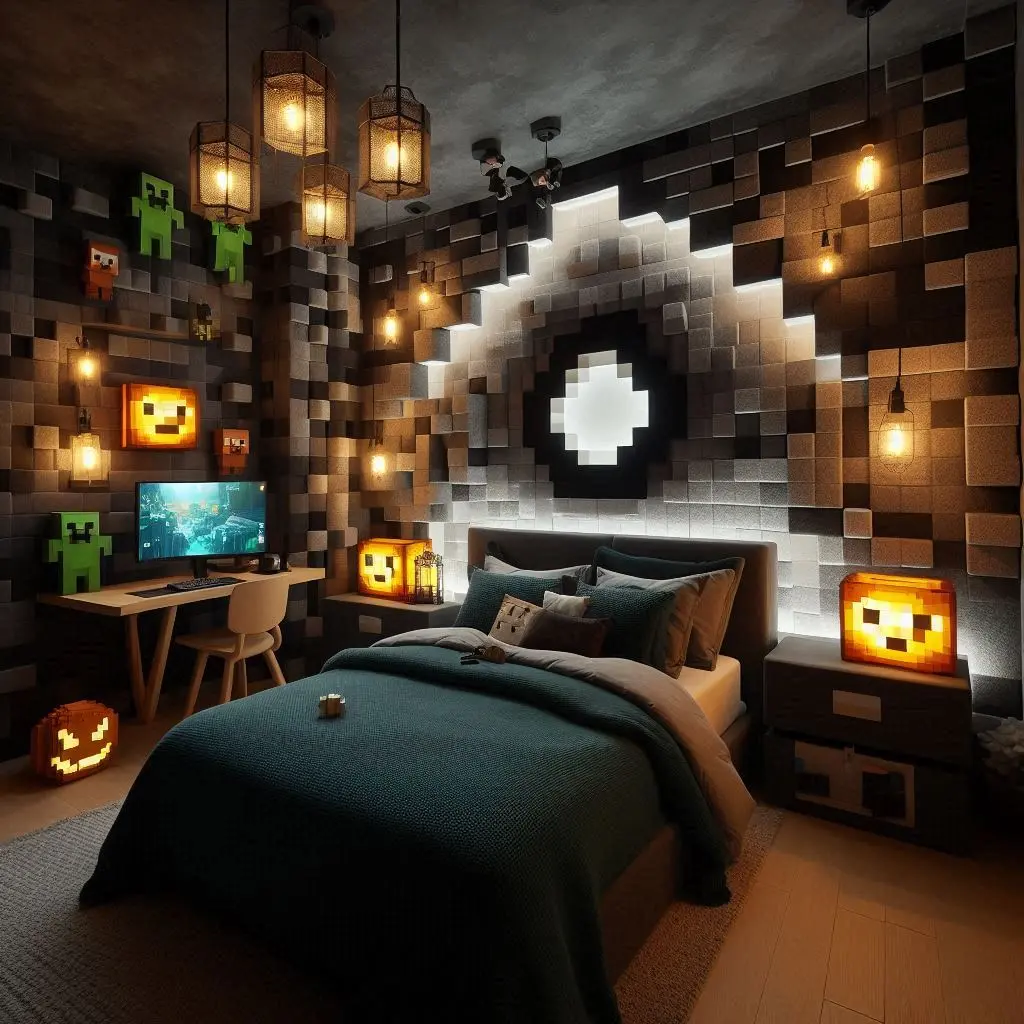 Grely and black blocks with warm lighting bedroom