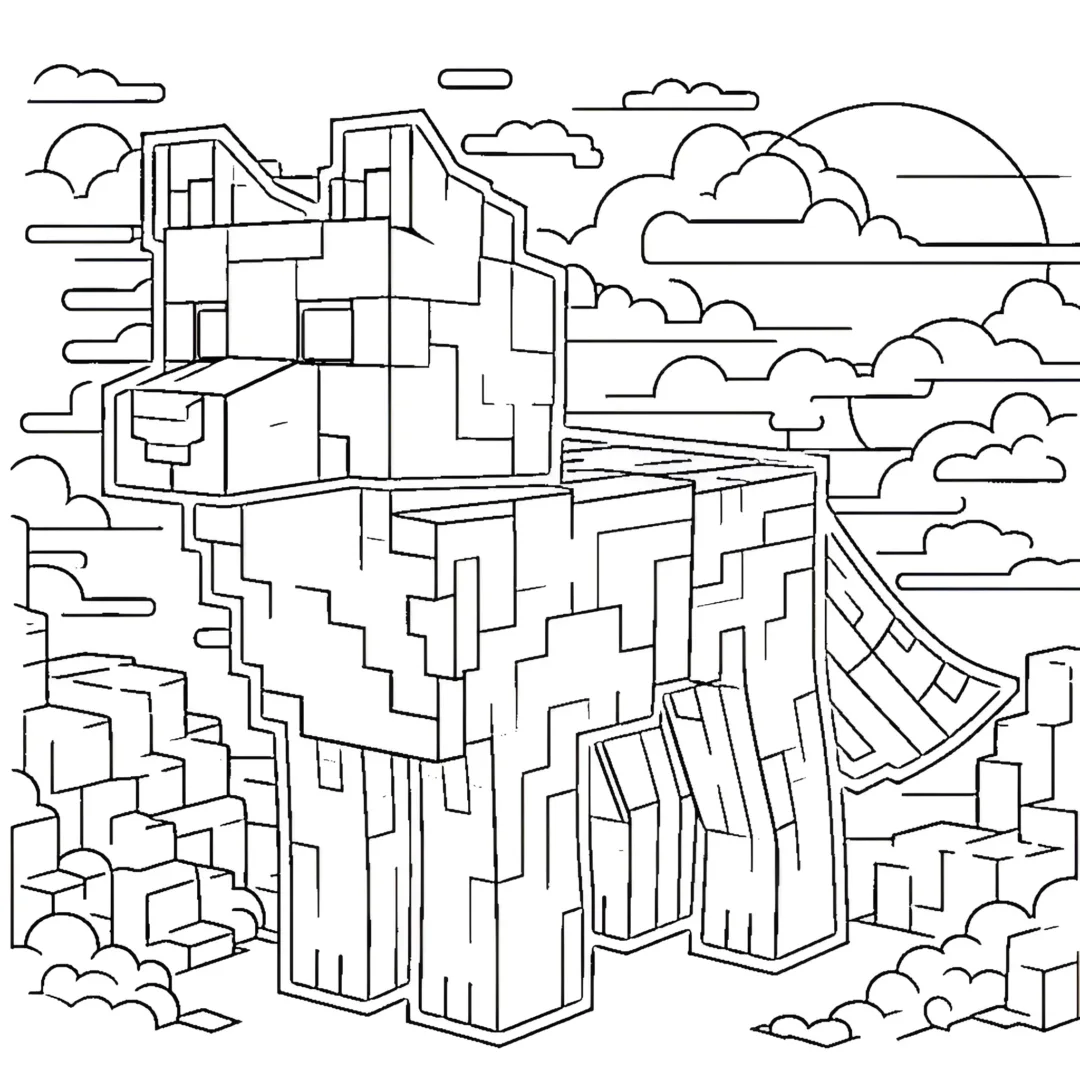 Coloring page of a minecraft wolf standing in front on sunset