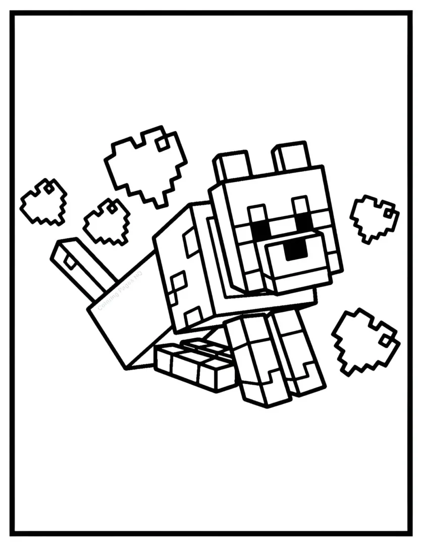 Minecraft wolf with hearts coloring page